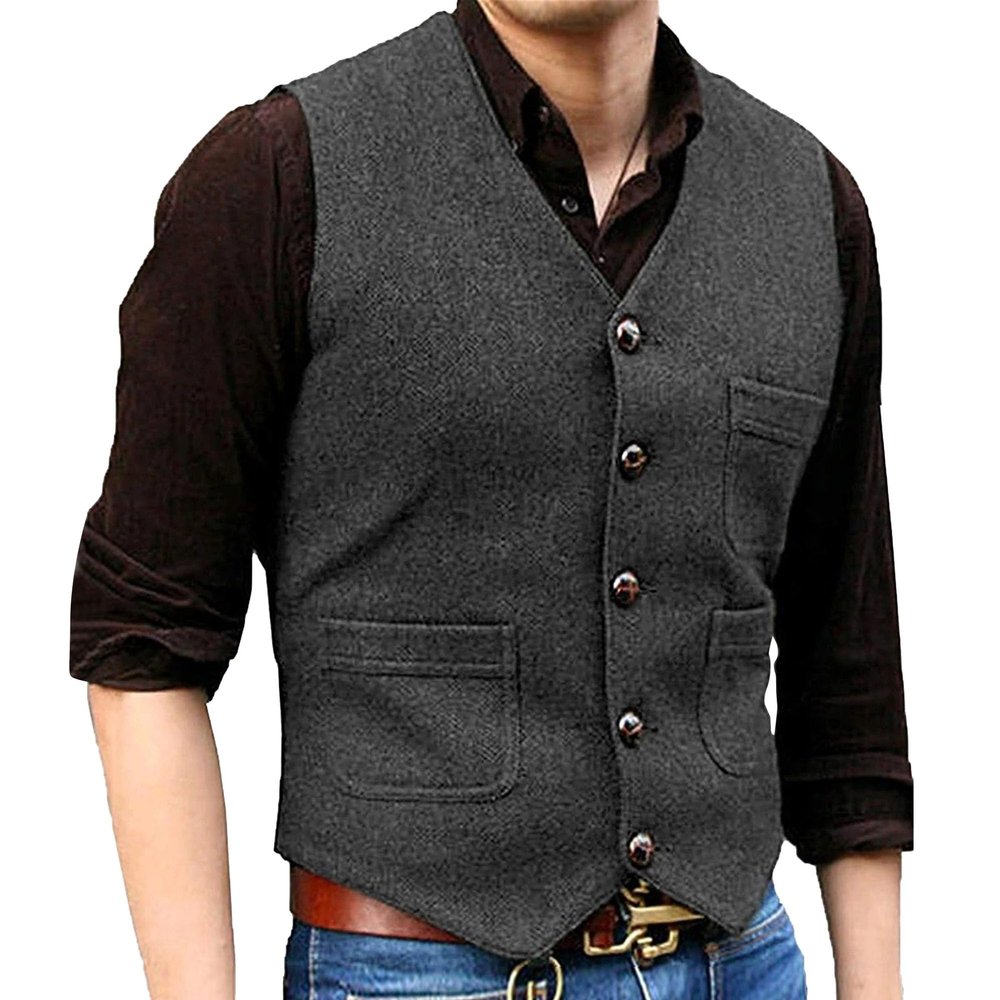 DGHM-JLMY Men's Slim Fit Herringbone Tweed Suits Vest Premium Wool Blend Waistcoat V Neck 5 Buttons Suit for Wedding (XX-Large,Dark Grey)
