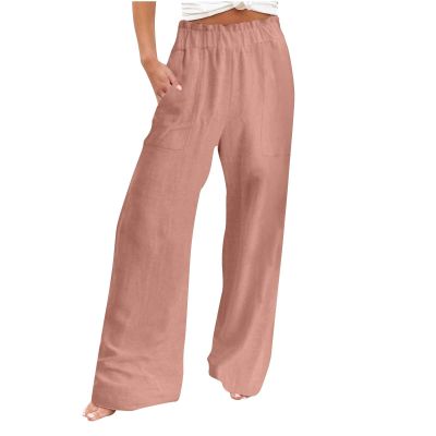 Basysin Linen Pants Women 2024 Summer Casual Wide Leg Pant Smocked High Waisted Palazzo Beach Pants Sweatpants with Pockets 05-Pink Medium