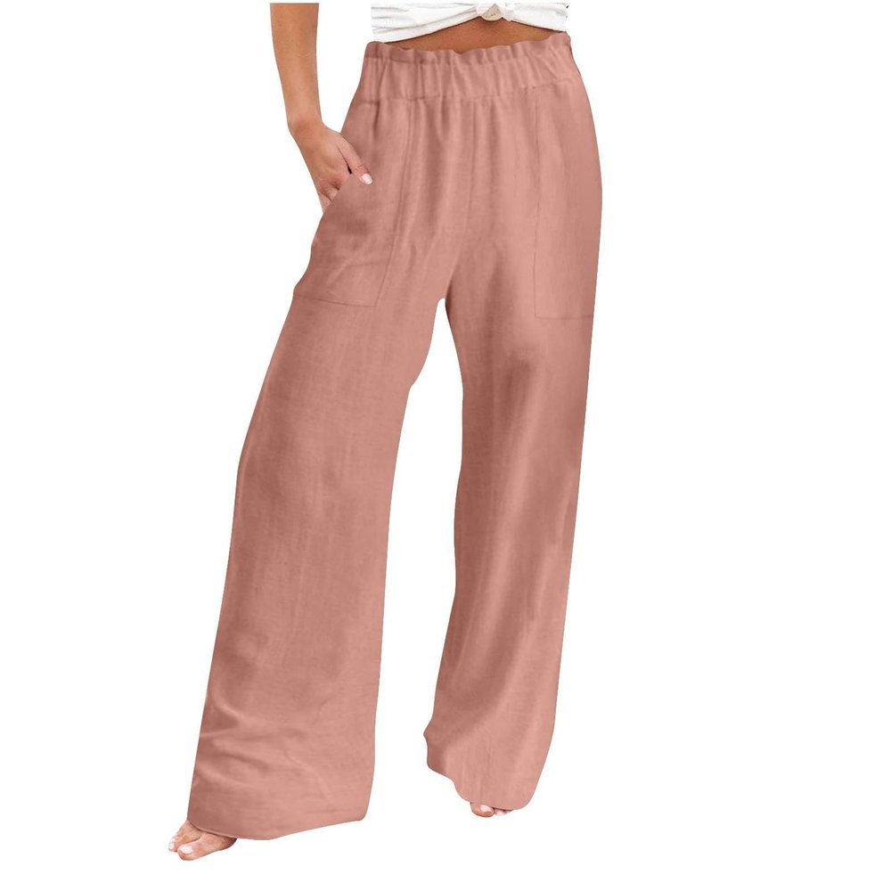 Basysin Linen Pants Women 2024 Summer Casual Wide Leg Pant Smocked High Waisted Palazzo Beach Pants Sweatpants with Pockets 05-Pink Medium