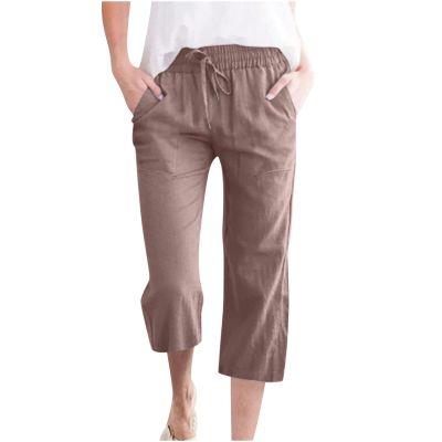 Capri Pants for Women Summer 2025 Drawstring Elastic High Waist Cargo Pants with Pockets Solid Color Button Joggers