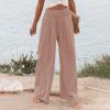 Basysin Linen Pants Women 2024 Summer Casual Wide Leg Pant Smocked High Waisted Palazzo Beach Pants Sweatpants with Pockets 03-Pink Small view 3