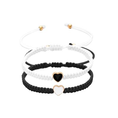 2Pcs Colorful Heart Beaded Matching Bracelets Love Heart String Rope Bracelet for Couple-black+white, 1