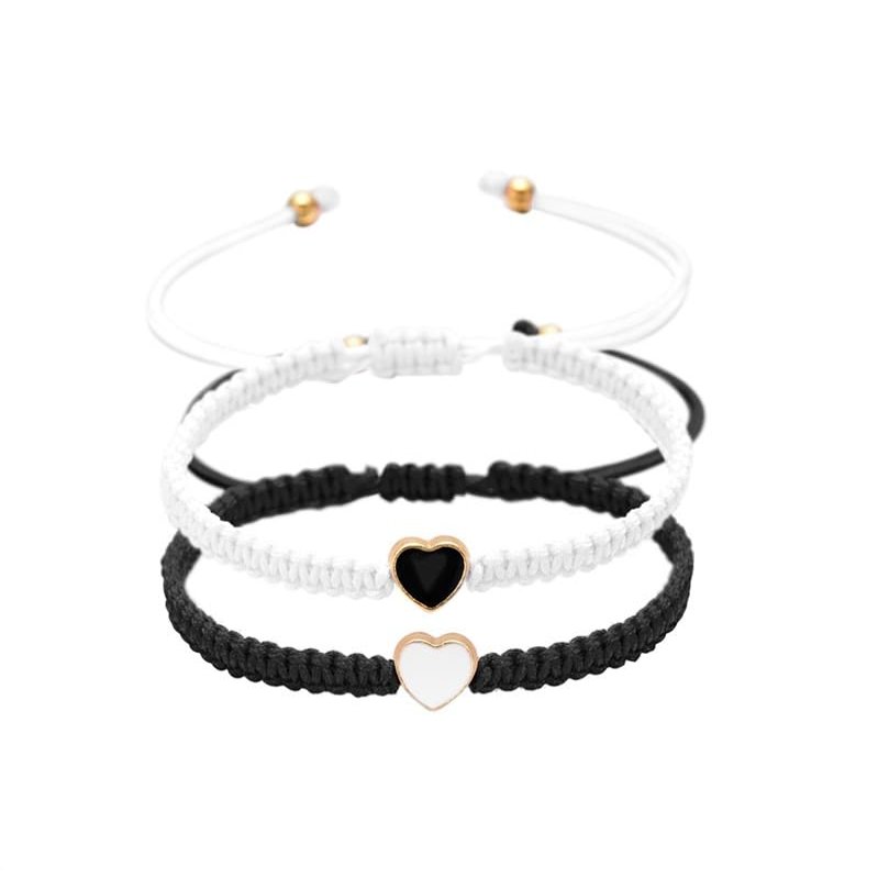 2Pcs Colorful Heart Beaded Matching Bracelets Love Heart String Rope Bracelet for Couple-black+white, 1