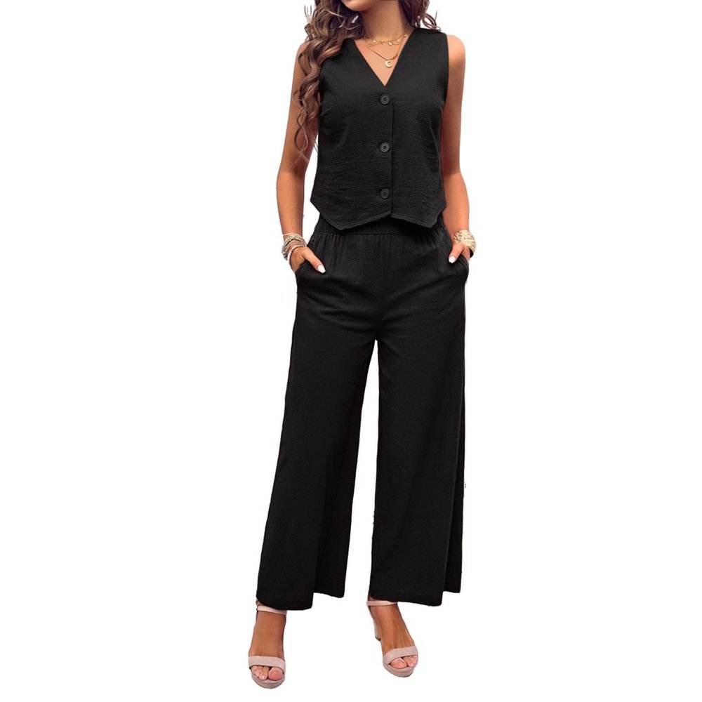 HANMAX Womens 2 Piece Sets Summer Sleeveless Button Up V Neck Vest Waistcoat and Wide Leg Pant Suits