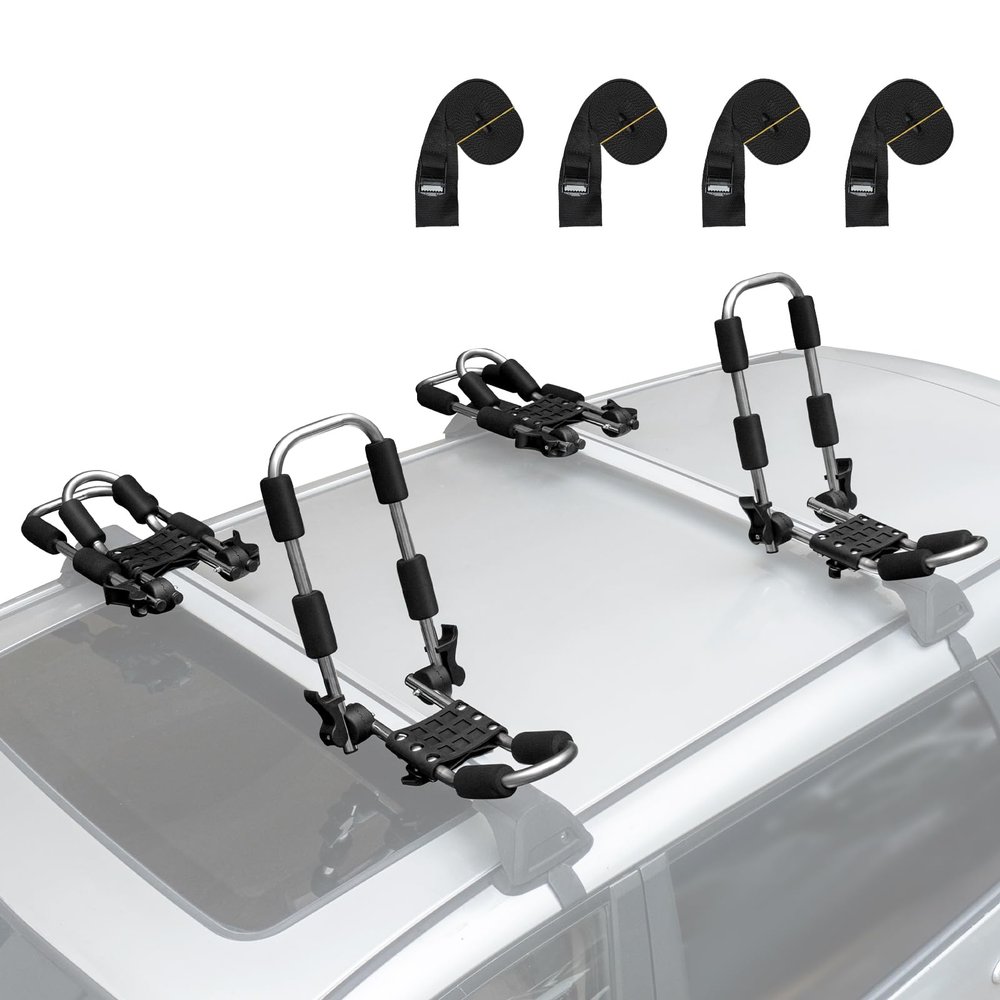 Leader Accessories Stainless Steel Folding Kayak Rack 4 PCS/Set J Bar Car Roof Rack for Canoe Surf Board SUP On Roof Top Mount on SUV, Car and Truck Crossbar with 4 pcs Tie Down Straps