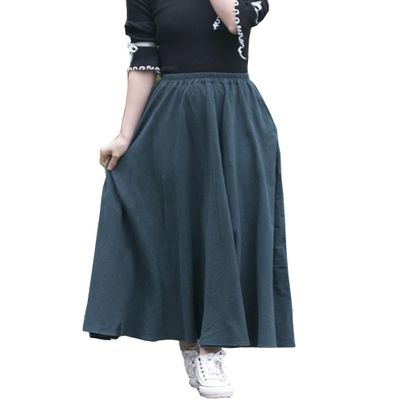AOTRIO Women Cotton/Linen Skirt Long Maxi Dresses Elastic Waist Retro Vogue Casual Bottom with Pockets Dark Green