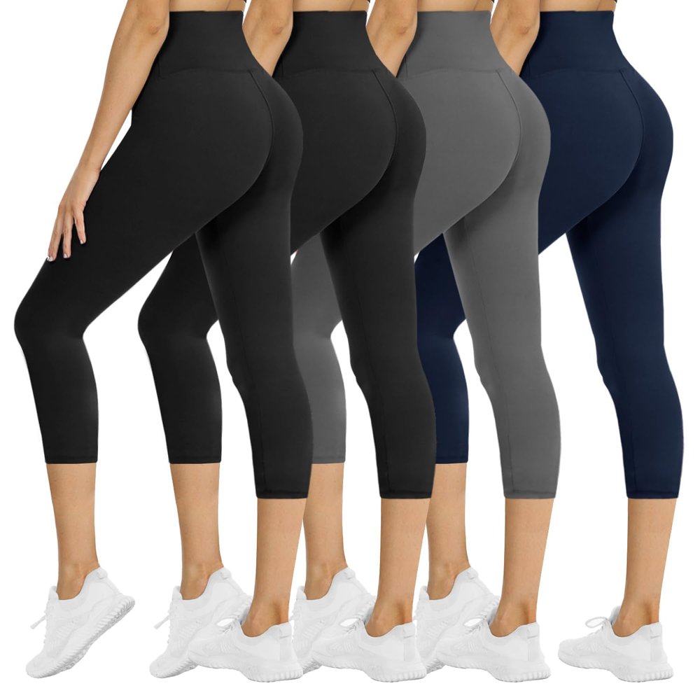 4 Pack Capri Leggings for Women - High Waisted Tummy Control Soft No See-Through Black Yoga Pants for Athletic Workout