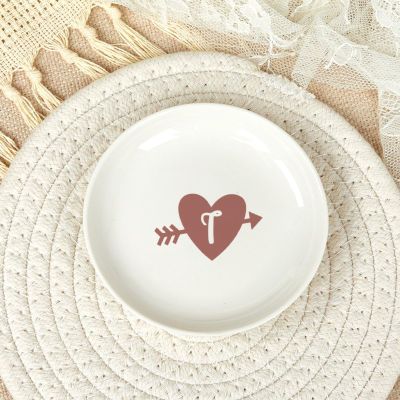Initial Heart Ring Dish, T_Monogramed Ring Holder, Small Jewelry Tray, Letter Trinket Dish, Round Jewelry Plate, Ceramic Key Bowl, Birthday Gift for Mom Friend Sister Aunt, 4"