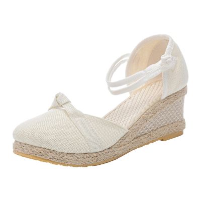 CsgrFagr Fashion Women Summer Weave Wedges Breathable Elastic Band Round Toe Sandals Comfortable Beach (White, 6.5)