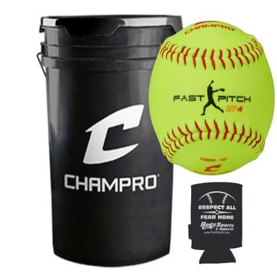 Champro CSB65 Durahide Cover 12" Practice Softballs in a Black Champro Bucket 18 Balls and one Rods Can Sleeve Included.