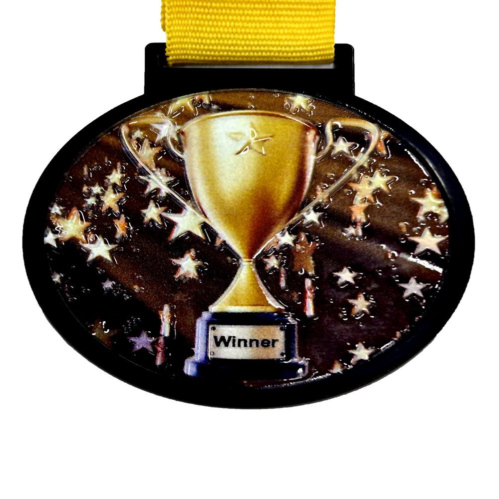 10 Pack of Large 2.25 Inch 1st Place Winner Champion Trophy Cup Award Medals with Attached Neck Ribbons Medal Trophies Gift Prize Team Black Gold Star UV First Participant Player Event Gold Victory
