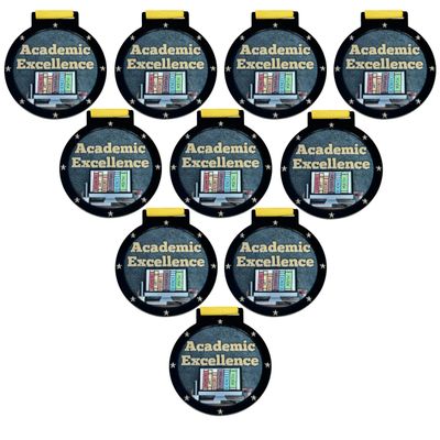10 Pack of Large 2.25 Inch Academic Excellence Award Medals with Attached Neck Ribbons Medal Trophies Gift Prize Team Black Gold Star UV 1st First Place
