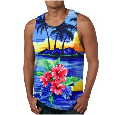 Men's Workout Sleeveless Shirts 3D Graphic Muscle Swim T Shirt Gym Fitness Running Beach Tank Tops Hawaiian Tanks Blue