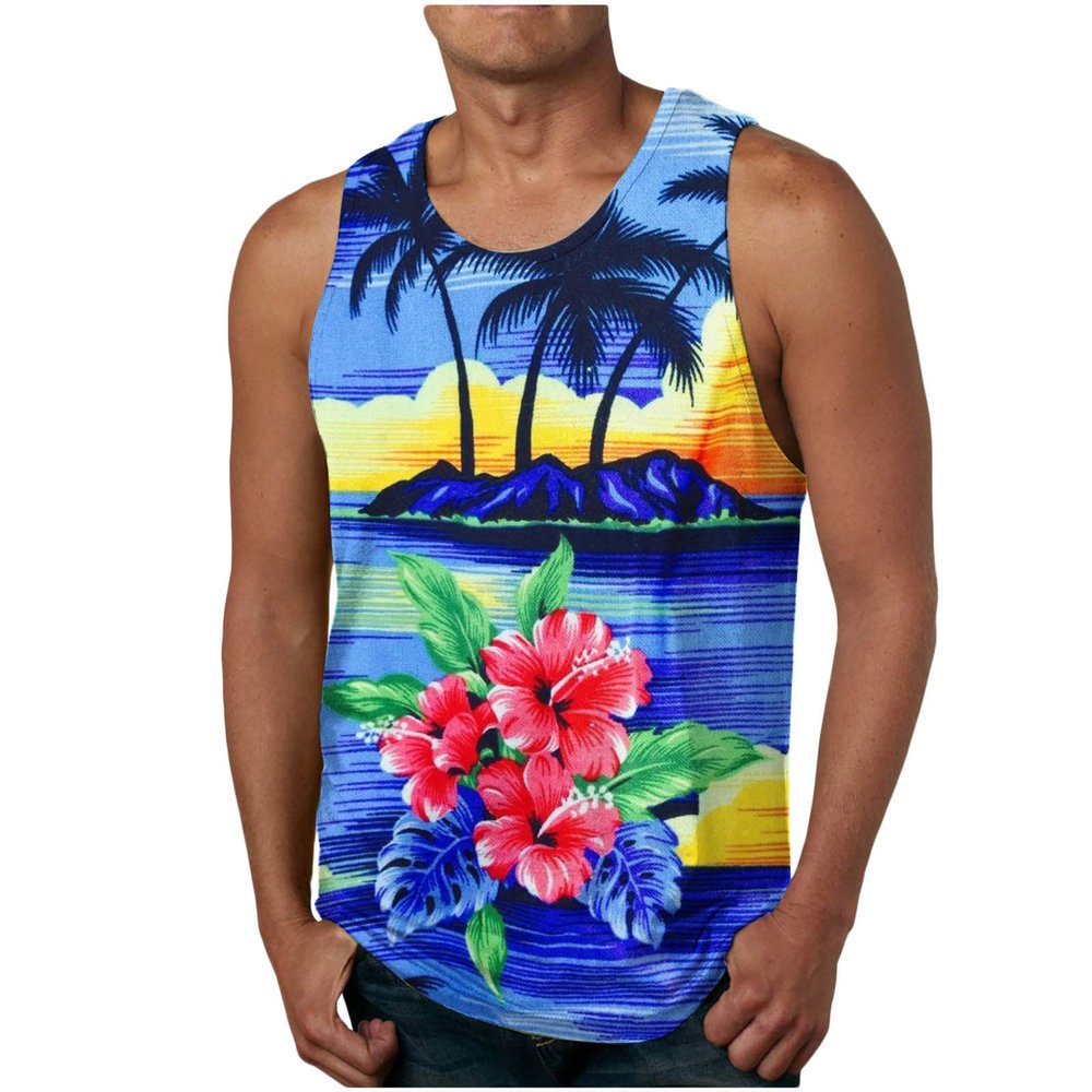 Men's Workout Sleeveless Shirts 3D Graphic Muscle Swim T Shirt Gym Fitness Running Beach Tank Tops Hawaiian Tanks Blue
