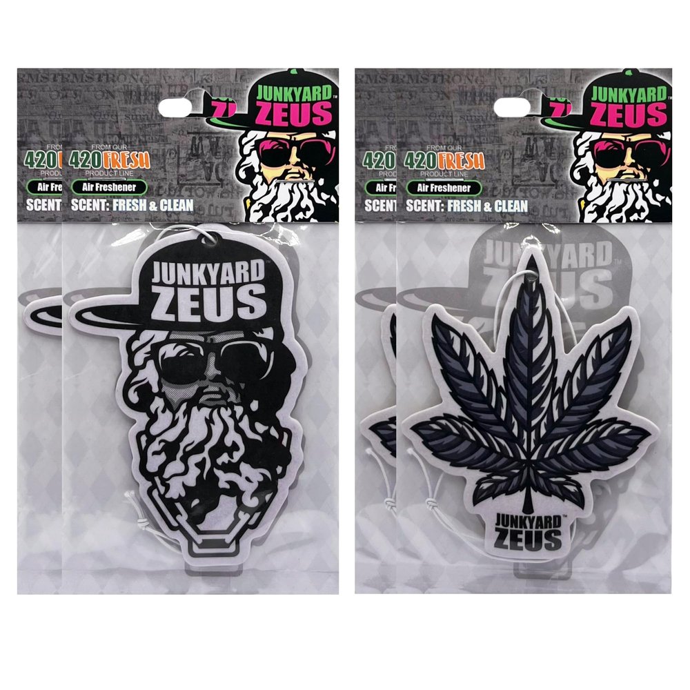 Black and White BW Junkyard Zeus Logo and 420 Fresh Smoked Leaf Combo Package Odin God of Old New Scent Scented Smell Car Truck SUV Vehicle Room Office Rear View Mirror Hanging Paper Air Freshener