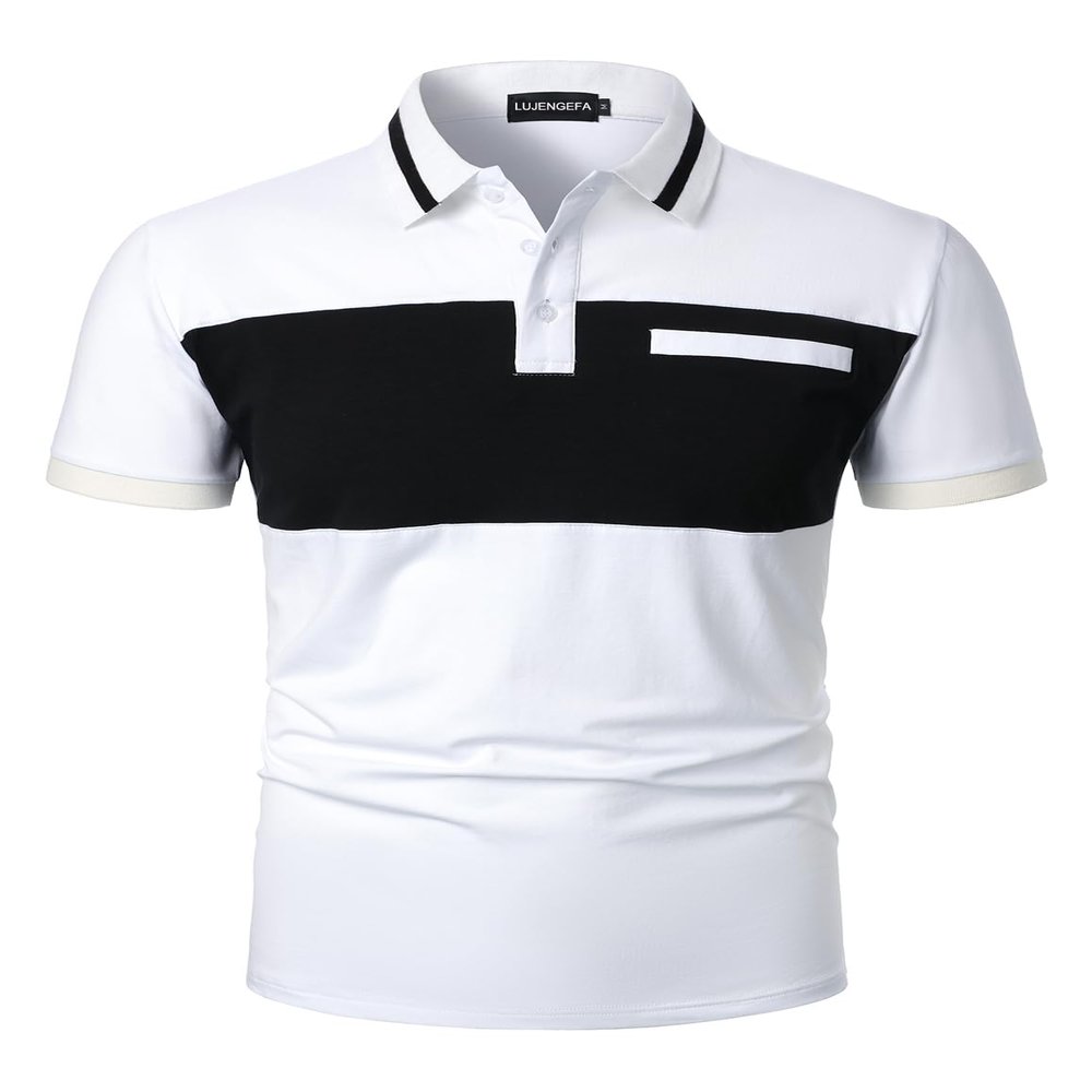 LUJENGEFA Mens Polo Shirts Short Sleeve Casual Color Block Golf Polo T Shirt Stylish Contrast Collar Cotton Tops for Men White+Black S