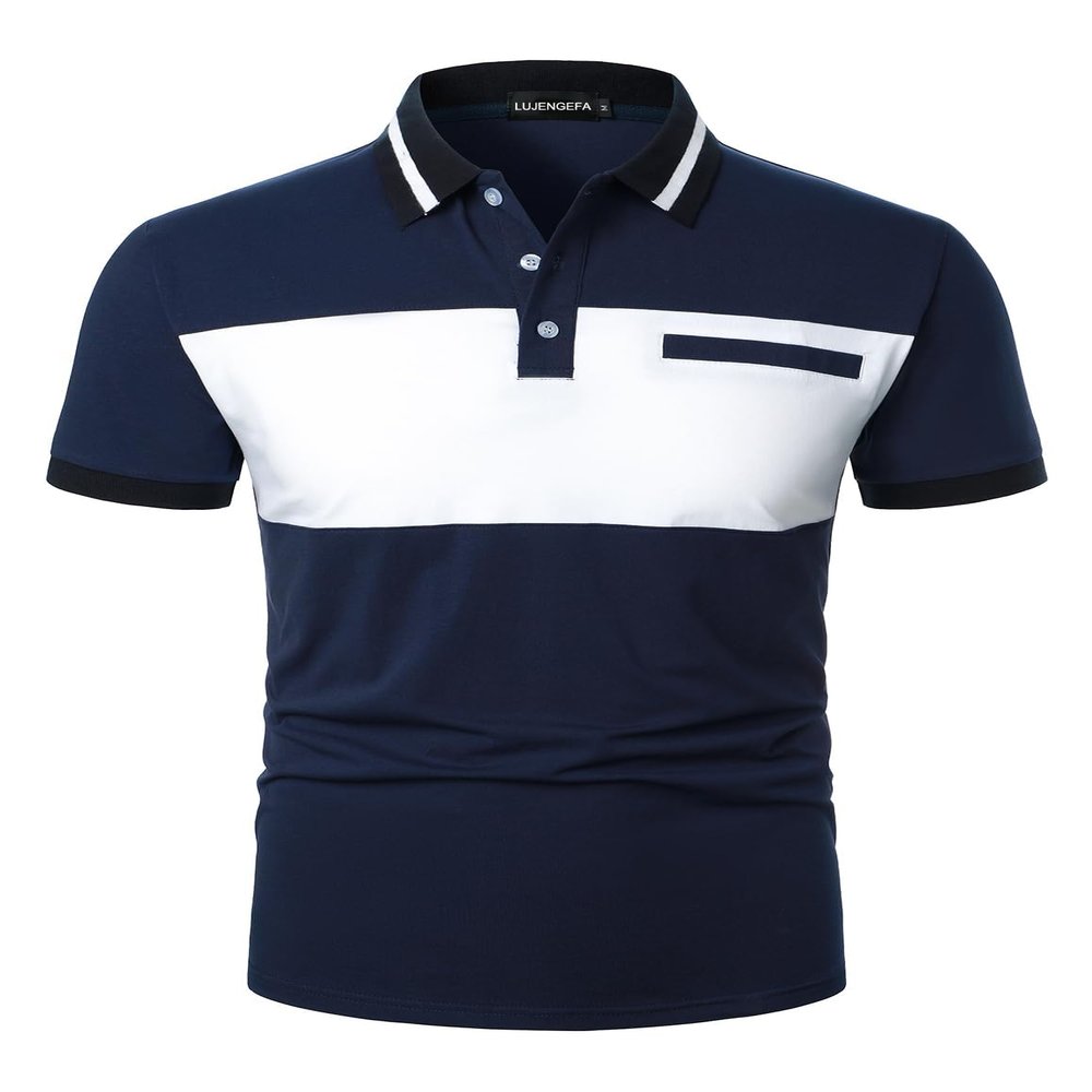 LUJENGEFA Mens Polo Shirts Short Sleeve Casual Color Block Golf Polo T Shirt Stylish Contrast Collar Cotton Tops for Men Navy Blue+White S