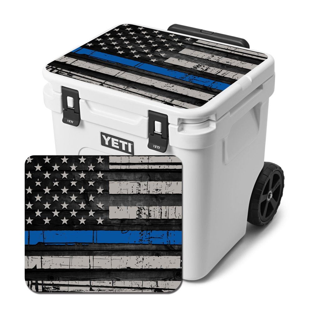 USATuff Vinyl Cooler Lid Kit Compatible with YETI 60 qt Roadie Wheeled | Easy Peel & Stick Application Cooler Skin Decal Wrap | Durable Pre-Cut Pieces | Made for Outdoor Use - Thin Blueline Flag