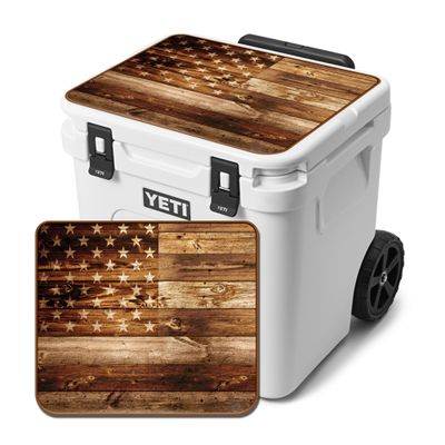 USATuff Vinyl Cooler Lid Kit Compatible with YETI 60 qt Roadie Wheeled | Easy Peel & Stick Application Cooler Skin Decal Wrap | Durable Pre-Cut Pieces | Made for Outdoor Use - USA Flag Woodgrain
