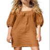 chouyatou Women's Summer Casual Square Neck Mini Linen Dress Loose 1/2 Puff Sleeve Beach Tunic Dress (Medium, Dark Orange) view 1
