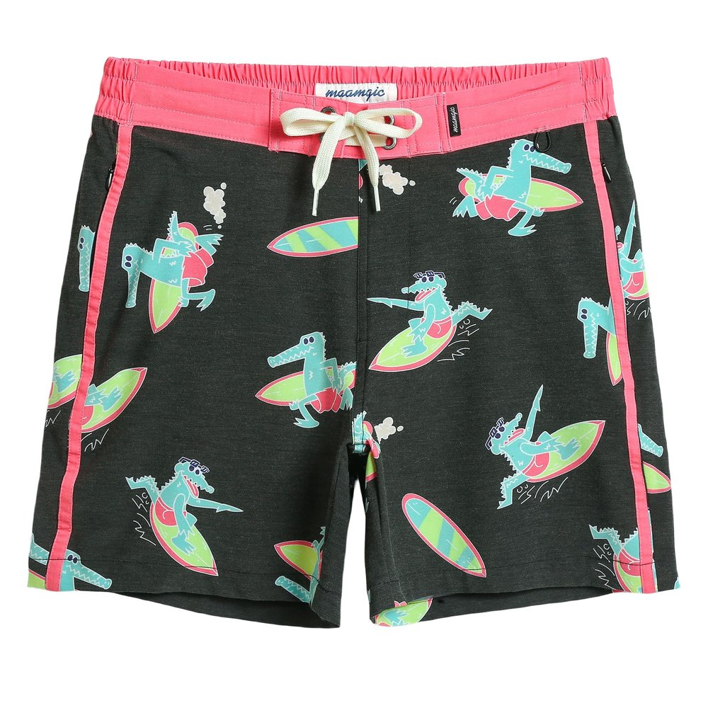 maamgic Men's Swim Trunks Board Shorts Vintage Beach Shorts 4 Way Stretch Quick Dry with Zipper Pockets Surfing Crocodile-Black X-Small