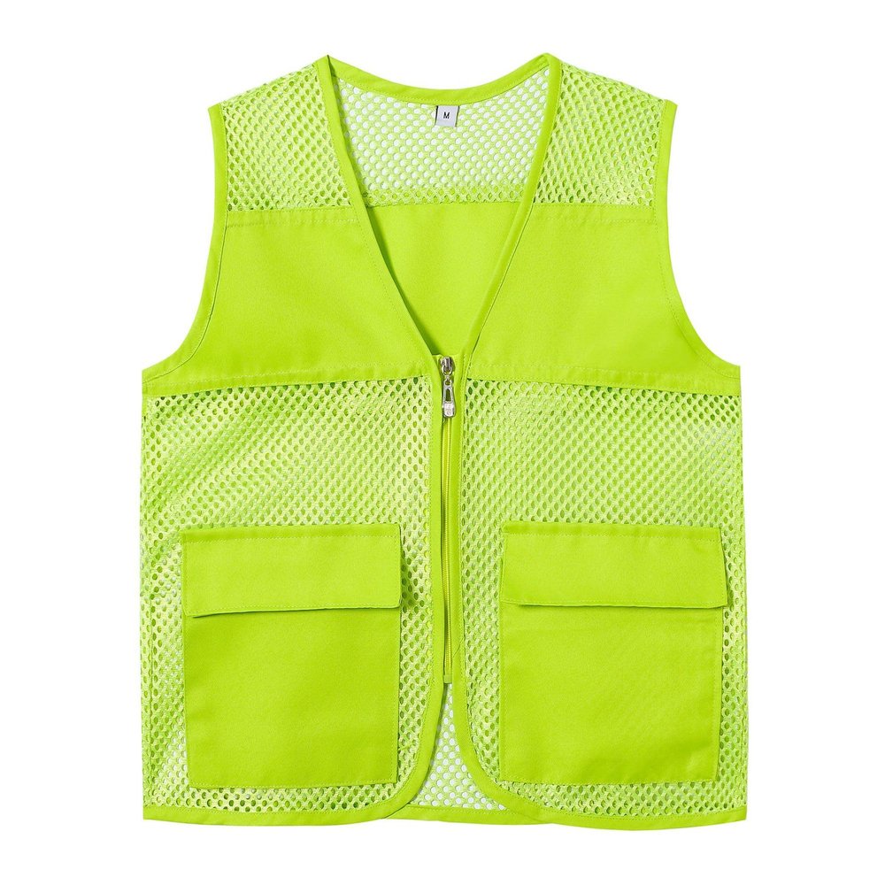 KeepRank Unisex Mesh Vest with Zipper Volunteer Activity Vest with Pockets Supermarket Team Uniform Vest (US, Alpha, One Size, Regular, Regular, Fluorescent green)