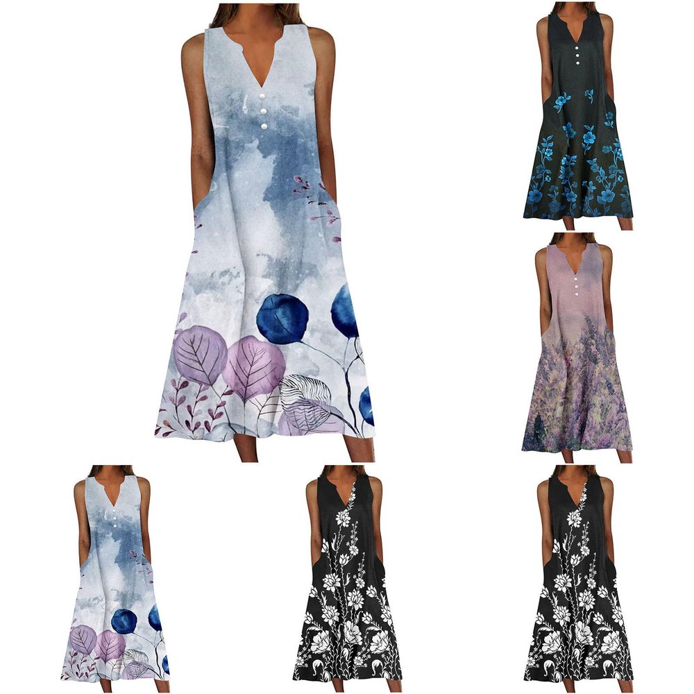 50% Percent Off Deals Womens Summer Design Casual Dress Fashion Floral Printed Elegant Dress Sleeveless V-Neck Long Dress with Pockets Summer Dresses for Women Gray 4X