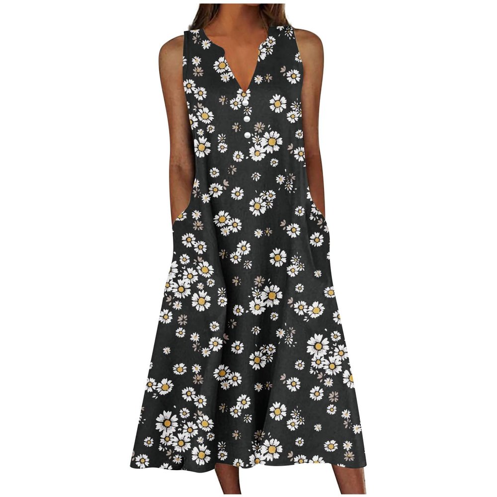 Womens Summer Design Casual Dress Fashion Floral Printed Elegant Dress Sleeveless V-Neck Long Dress with Pockets