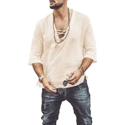 SWJGLITTR Men's V-Neck Drawstring Linen T-Shirt Cotton Lace Up Henley Short Sleeve Henleys Summer Beach Half Sleeve T Shirts (Apricot Color,Small)