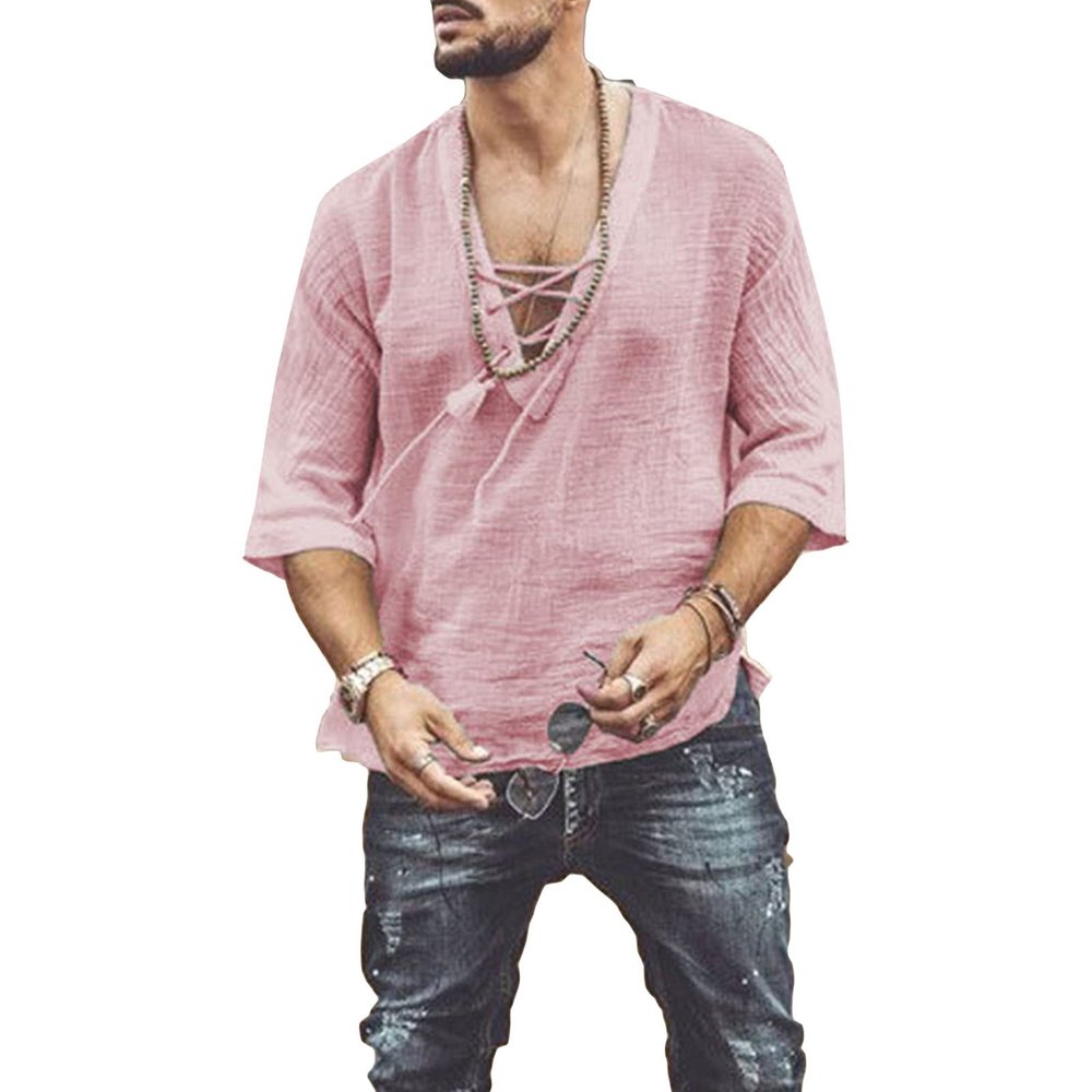 Men's V-Neck Drawstring Linen T-Shirt Cotton Lace Up Henley Short Sleeve Henleys Summer Beach Half Sleeve T Shirts (Red,X-Large)