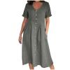 Women's Summer Casual V-Neck Button Down Shirt Dress Solid Short Sleeve Cotton Linen Sundress Plus Size Maxi Dress view 1
