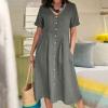Women's Summer Casual V-Neck Button Down Shirt Dress Solid Short Sleeve Cotton Linen Sundress Plus Size Maxi Dress view 2