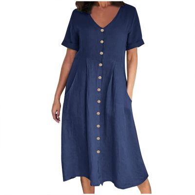 Women's Summer Casual V-Neck Button Down Shirt Dress Solid Short Sleeve Cotton Linen Sundress Plus Size Maxi Dress