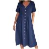 Women's Summer Casual V-Neck Button Down Shirt Dress Solid Short Sleeve Cotton Linen Sundress Plus Size Maxi Dress view 1