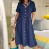 Women's Summer Casual V-Neck Button Down Shirt Dress Solid Short Sleeve Cotton Linen Sundress Plus Size Maxi Dress view 2
