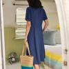 Women's Summer Casual V-Neck Button Down Shirt Dress Solid Short Sleeve Cotton Linen Sundress Plus Size Maxi Dress view 3