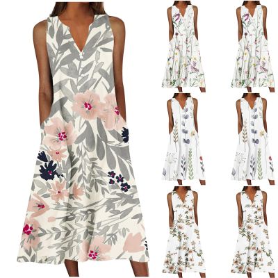 Womens Summer Design Casual Dress Fashion Floral Printed Elegant Dress Sleeveless V-Neck Long Dress with Pockets