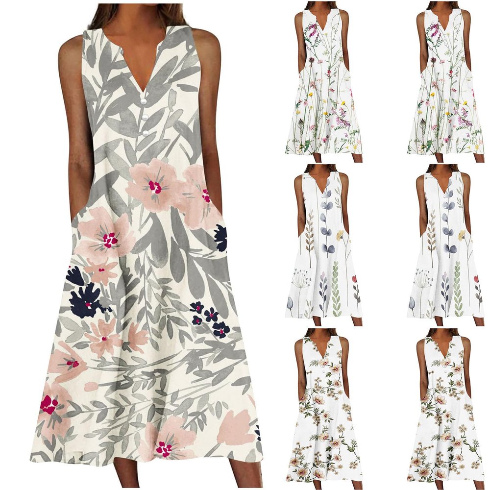 Womens Summer Design Casual Dress Fashion Floral Printed Elegant Dress Sleeveless V-Neck Long Dress with Pockets