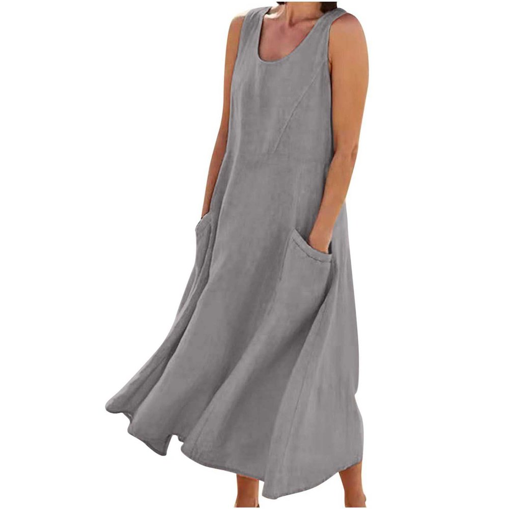 SMIDOW Women's Summer Cotton Linen Long Dress Sleeveless Elegant Flowy Dresses Plus Size Loose Comfy Dress