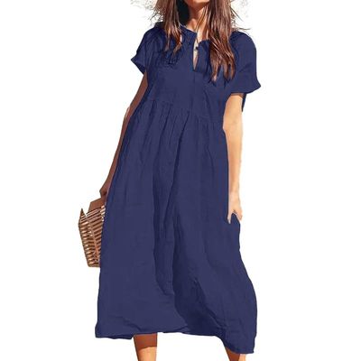 Akivide Womens Summer Cotton Linen V Neck Maxi Dress Casual Short Sleeve Loose Plus Size Solid Flowy Beach Long Tshirt Dress 2024