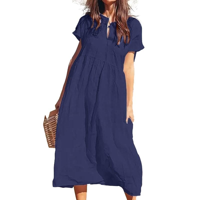 Akivide Womens Summer Cotton Linen V Neck Maxi Dress Casual Short Sleeve Loose Plus Size Solid Flowy Beach Long Tshirt Dress 2024