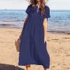 Akivide Womens Summer Cotton Linen V Neck Maxi Dress Casual Short Sleeve Loose Plus Size Solid Flowy Beach Long Tshirt Dress 2024 view 2