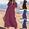 Akivide Womens Summer Cotton Linen V Neck Maxi Dress Casual Short Sleeve Loose Plus Size Solid Flowy Beach Long Tshirt Dress 2024 view 3