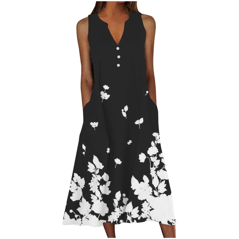 90 Off Sale Clearance Womens Summer Design Casual Dress Fashion Floral Printed Elegant Dress Sleeveless V-Neck Long Dress with Pockets Beach Dress Black 2X