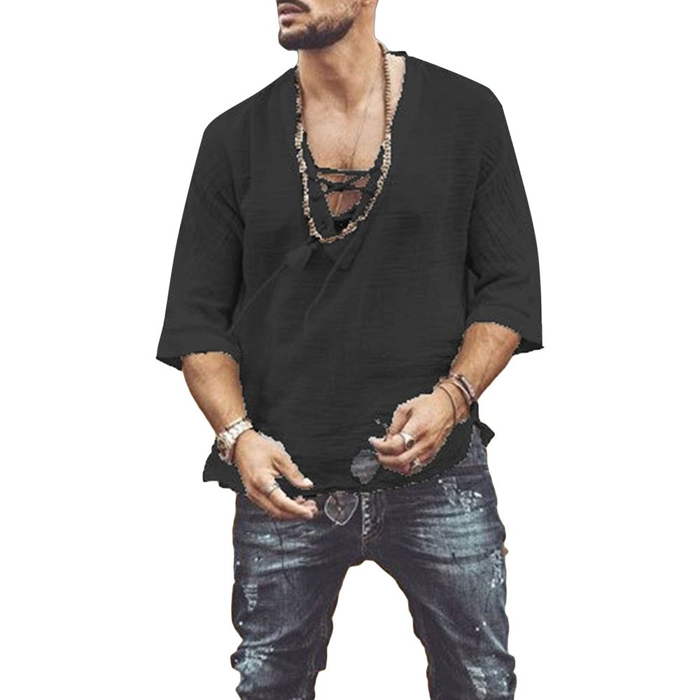 SWJGLITTR Men's V-Neck Drawstring Linen T-Shirt Cotton Lace Up Henley Short Sleeve Henleys Summer Beach Half Sleeve T Shirts (Black,5X-Large)