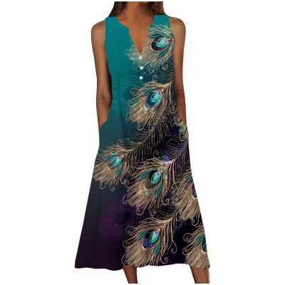 Womens Summer Design Casual Dress Fashion Floral Printed Elegant Sundress Sleeveless V-Neck Long Dress with Pockets