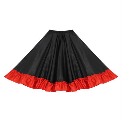 Manyakai Girls Spanish Bull Dance Skirt Black Red Ruffles Layers Satin Long Skirt Flamenco Ballroom Dancewear Costume 360 Dark 3-4 Years