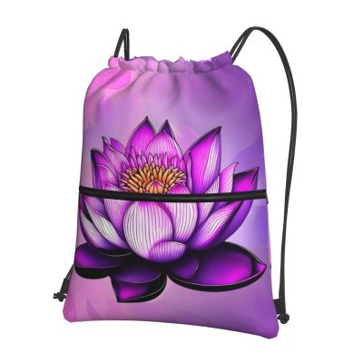 Chrysm Drawstring Backpack String Zipper Purple Lotus Bag For Yoga Gym Swimming Travel Fitness Sports Sackpack, Black