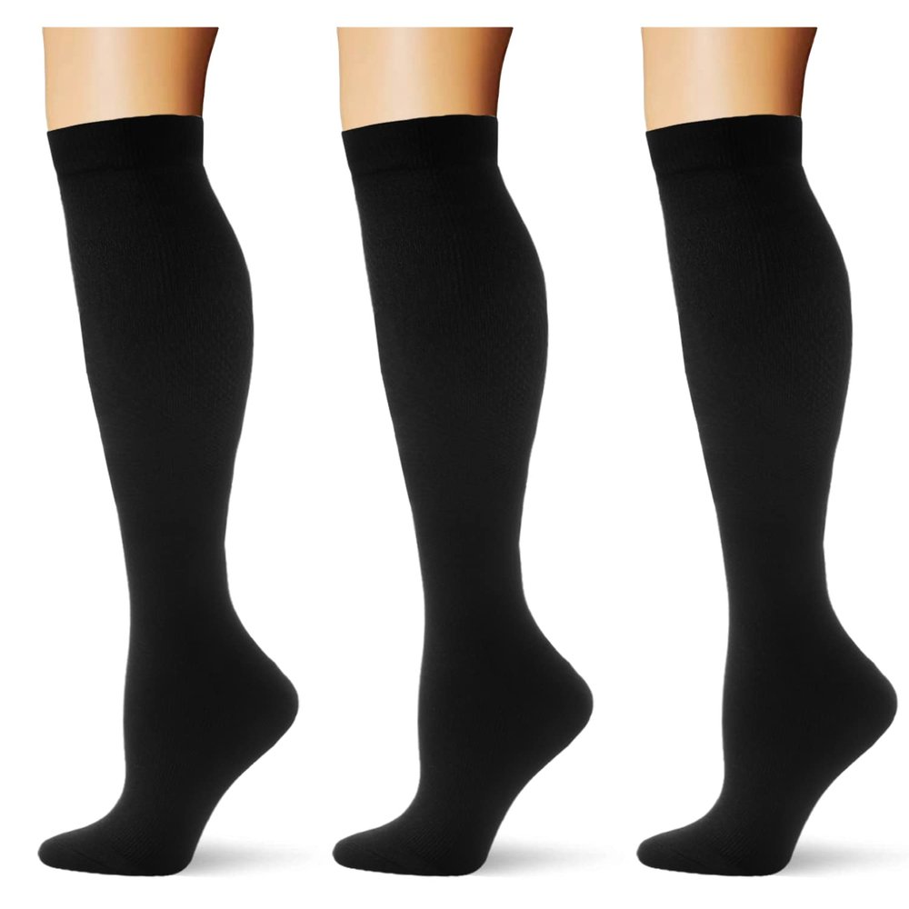 Saniripple (3 pairs) Compression Socks 20-30 mmHg Long Knee High Socks for Women and Men 3 Black XS