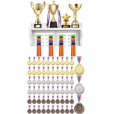 Caydo 63 Pieces 2 Inch Gold Silver Bronze Award Medals with Wooden Medal Hanger Display with Shelf
